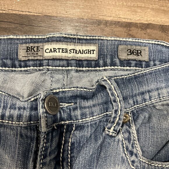 BKE Jeans Mens 36R Blue Carter Straight Leg Buckle Stretch Faded Distressed - Picture 2 of 6